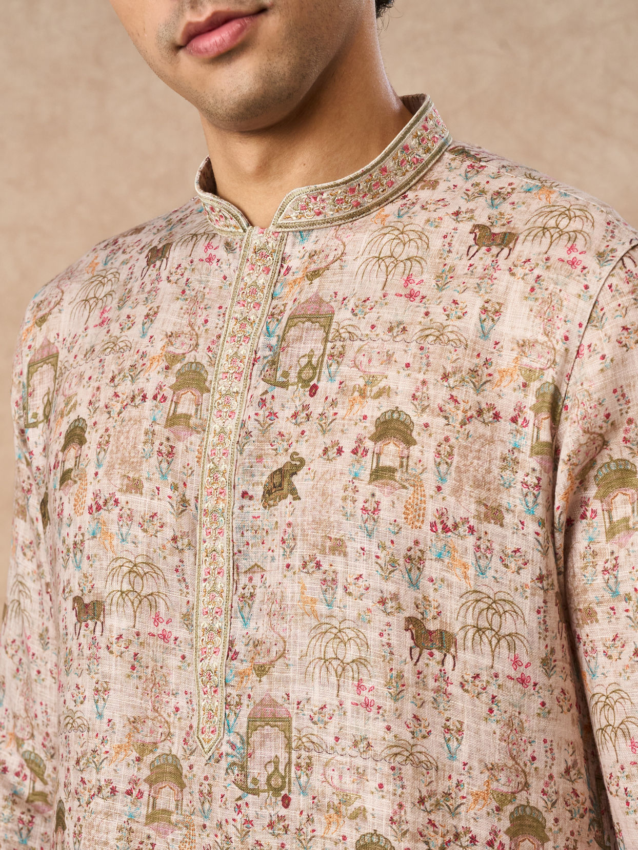 Manyavar Men Light Mid Green Blended Cotton Kurta Pajama with Print