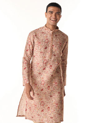 Manyavar Men Pink Blended Cotton Printed Kurta Pajama