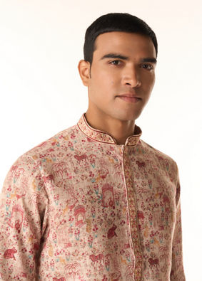 Manyavar Men Pink Blended Cotton Printed Kurta Pajama