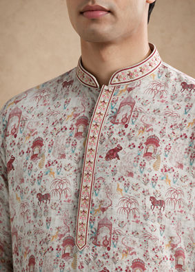 Manyavar Men Pink Blended Cotton Printed Kurta Pajama