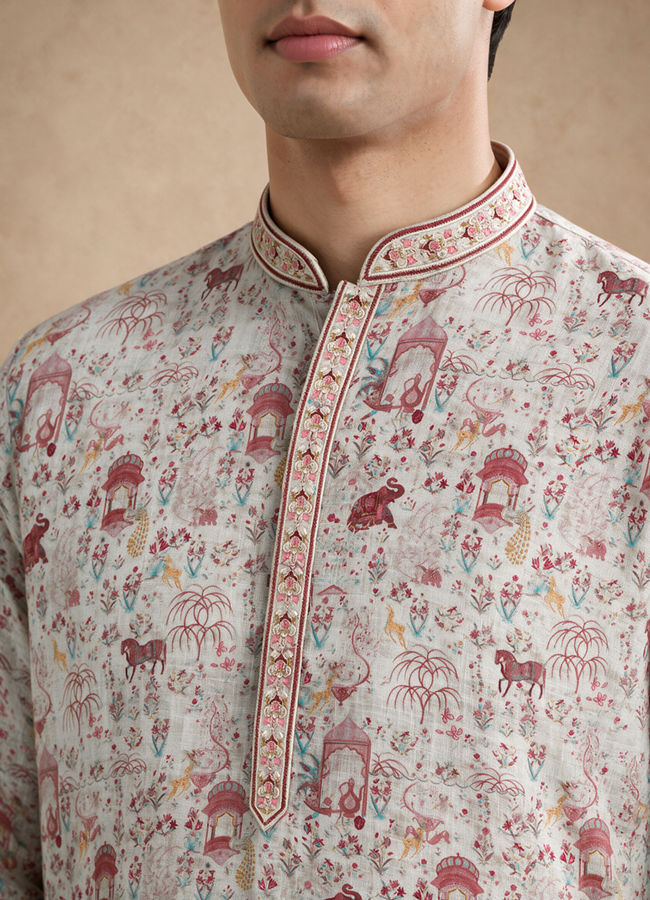 Manyavar Men Pink Blended Cotton Printed Kurta Pajama