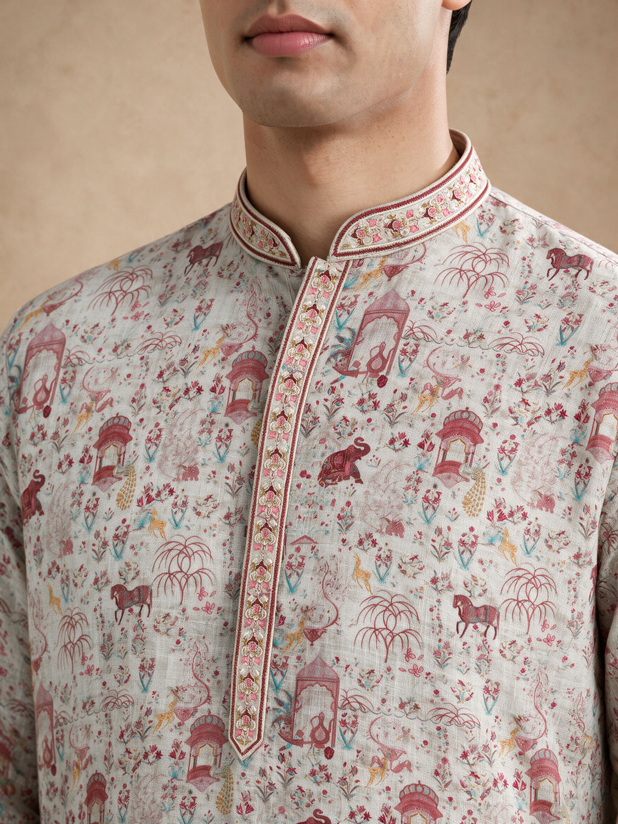 Manyavar Men Pink Blended Cotton Printed Kurta Pajama
