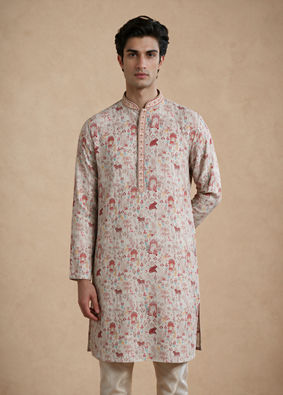 Manyavar Men Pink Blended Cotton Printed Kurta Pajama