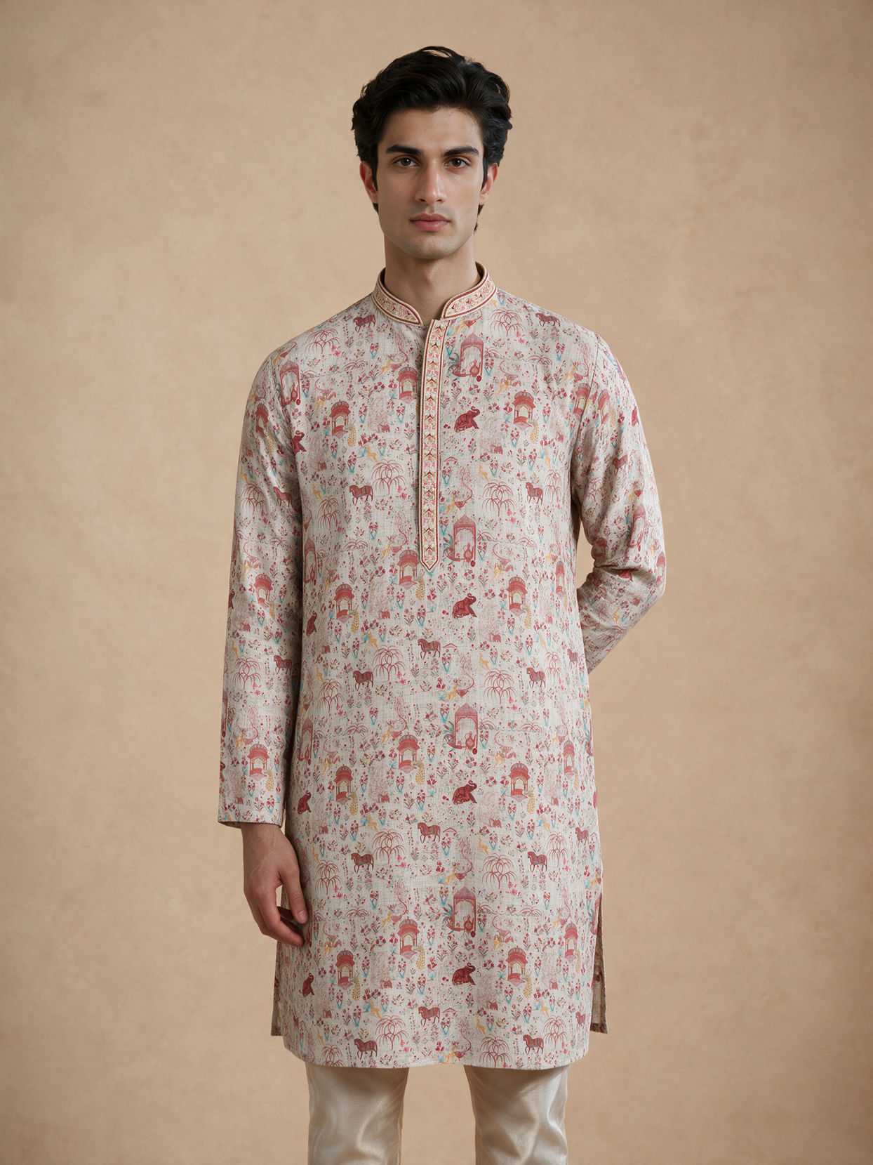 Manyavar Men Pink Blended Cotton Printed Kurta Pajama