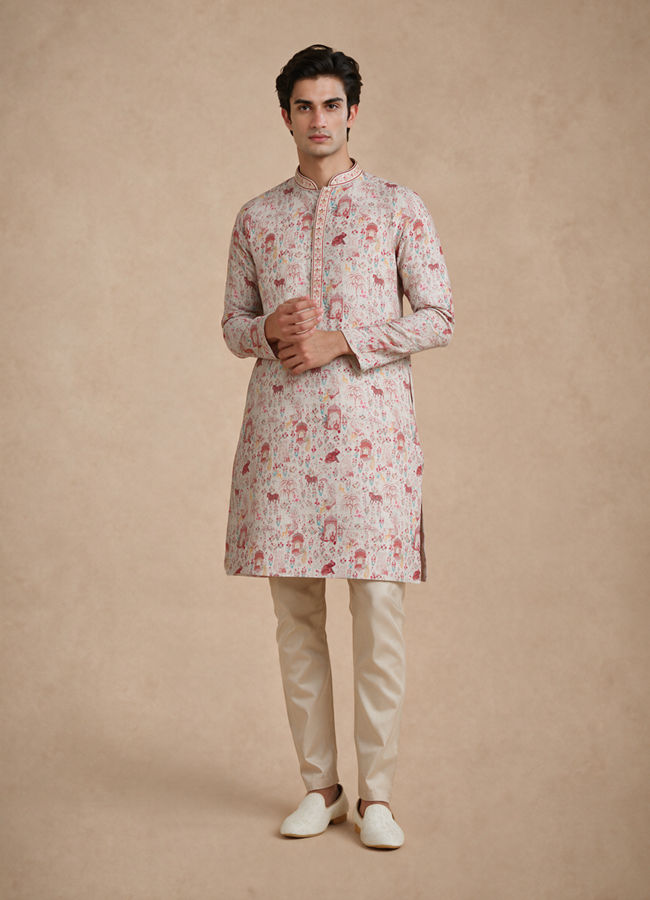 Manyavar Men Pink Blended Cotton Printed Kurta Pajama