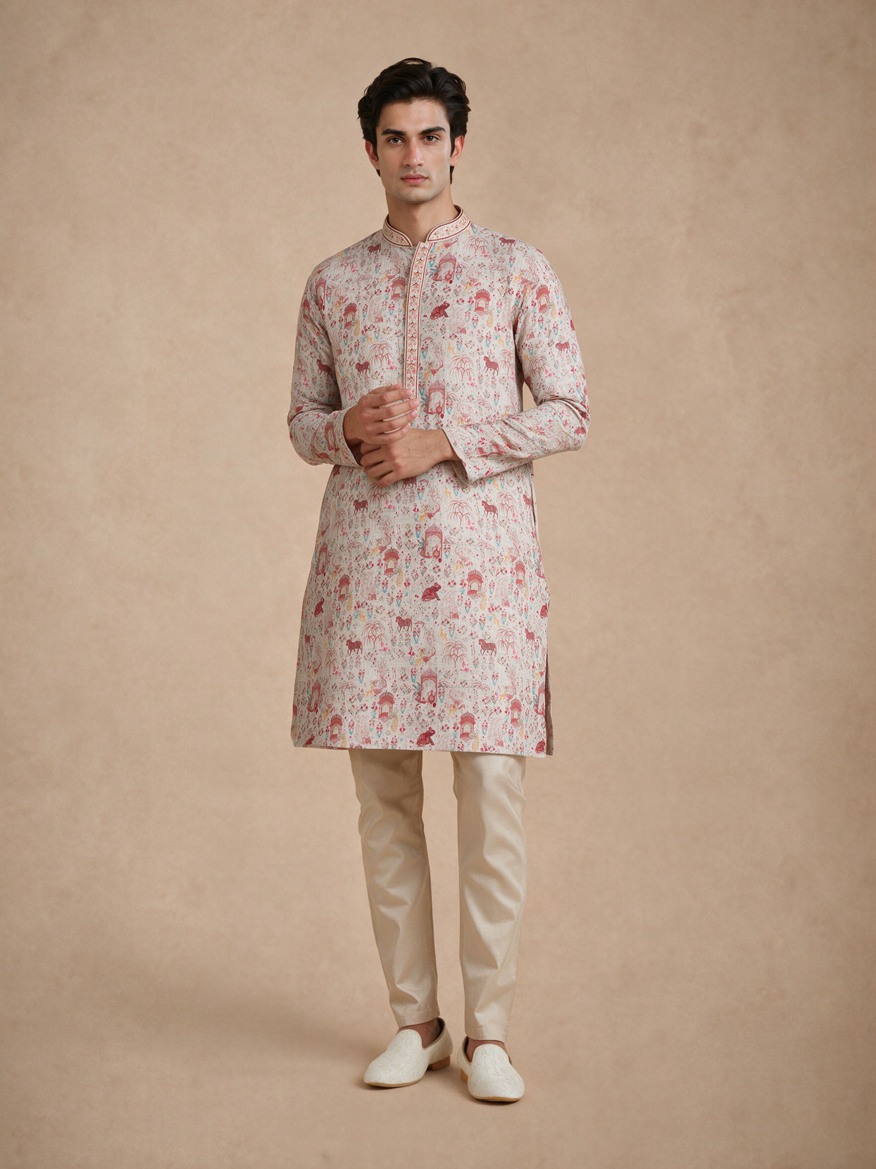 Manyavar Men Pink Blended Cotton Printed Kurta Pajama