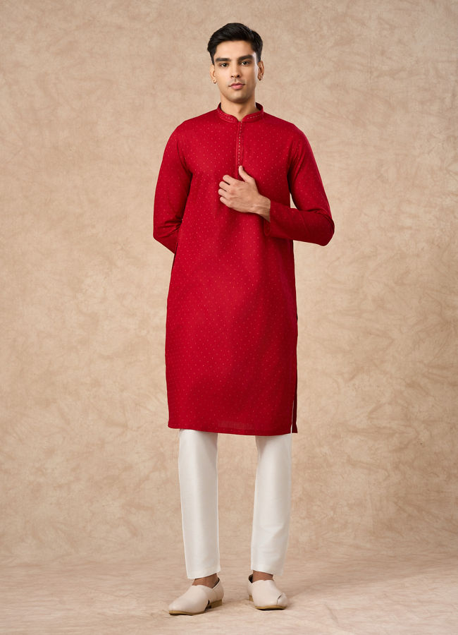 Manyavar Men Red Cotton Kurta Pajama with Basic Design