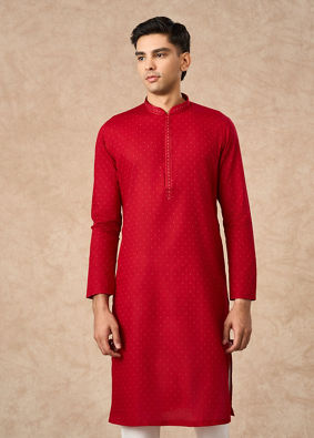 Manyavar Men Red Cotton Kurta Pajama with Basic Design