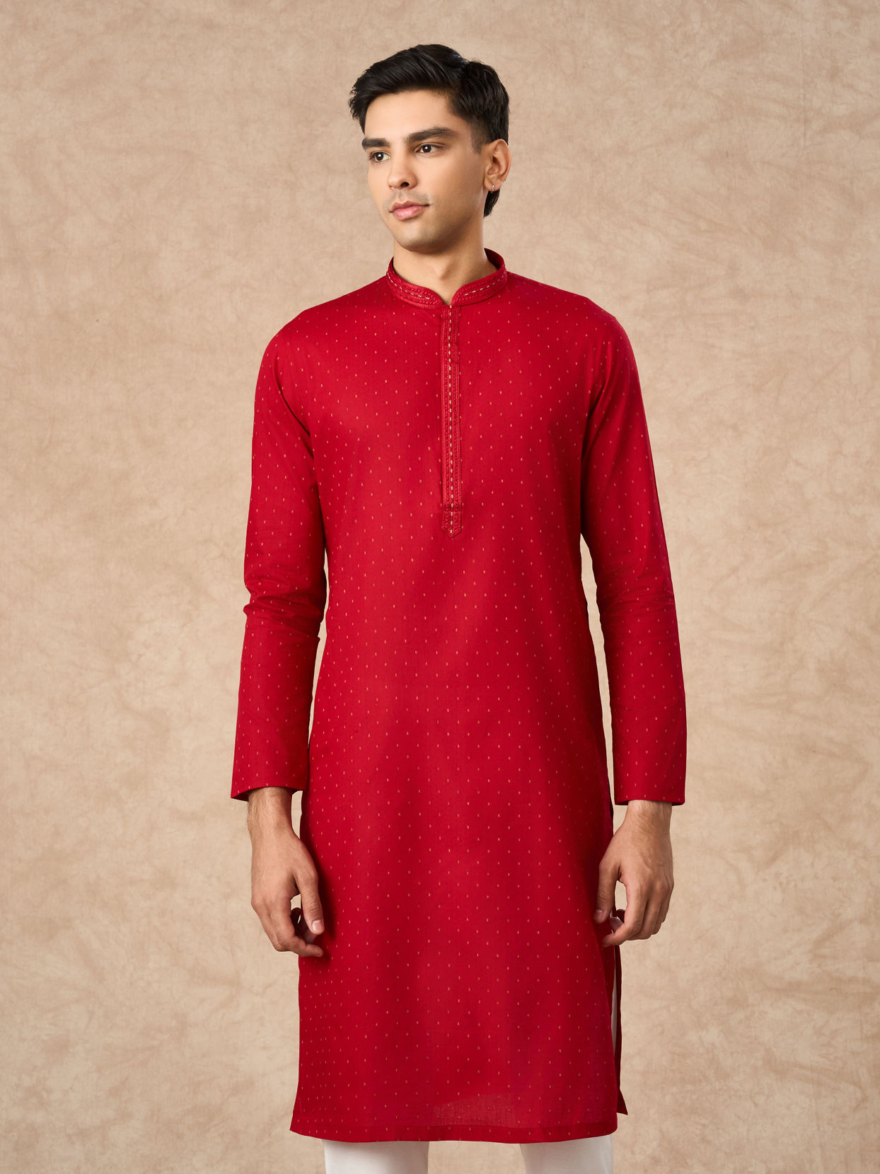 Manyavar Men Red Cotton Kurta Pajama with Basic Design