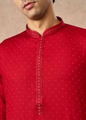 Manyavar Men Red Cotton Kurta Pajama with Basic Design