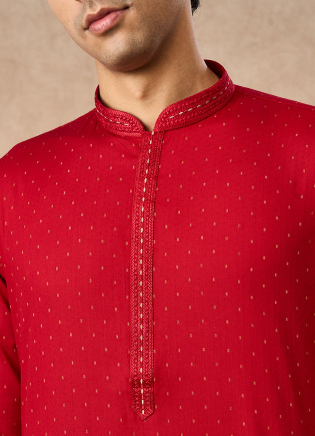 Manyavar Men Red Cotton Kurta Pajama with Basic Design