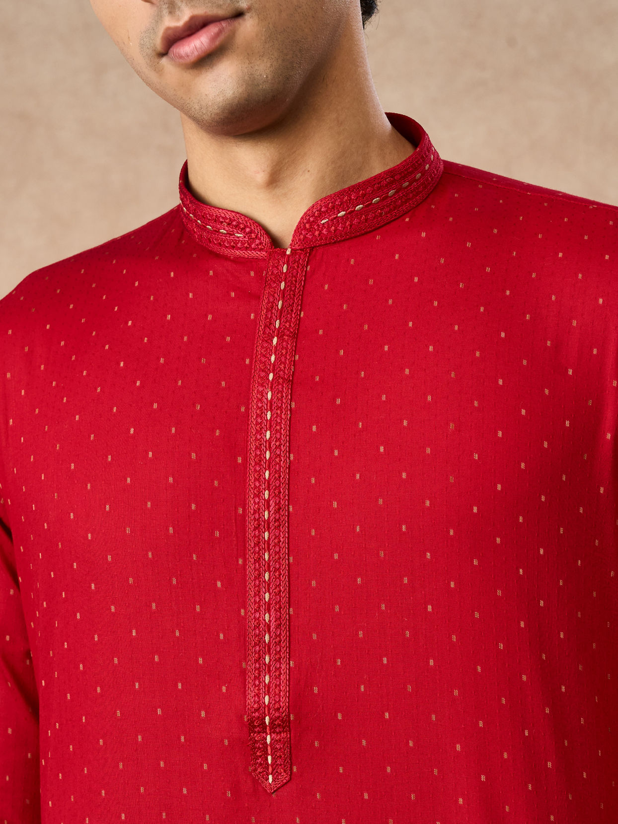 Manyavar Men Red Cotton Kurta Pajama with Basic Design
