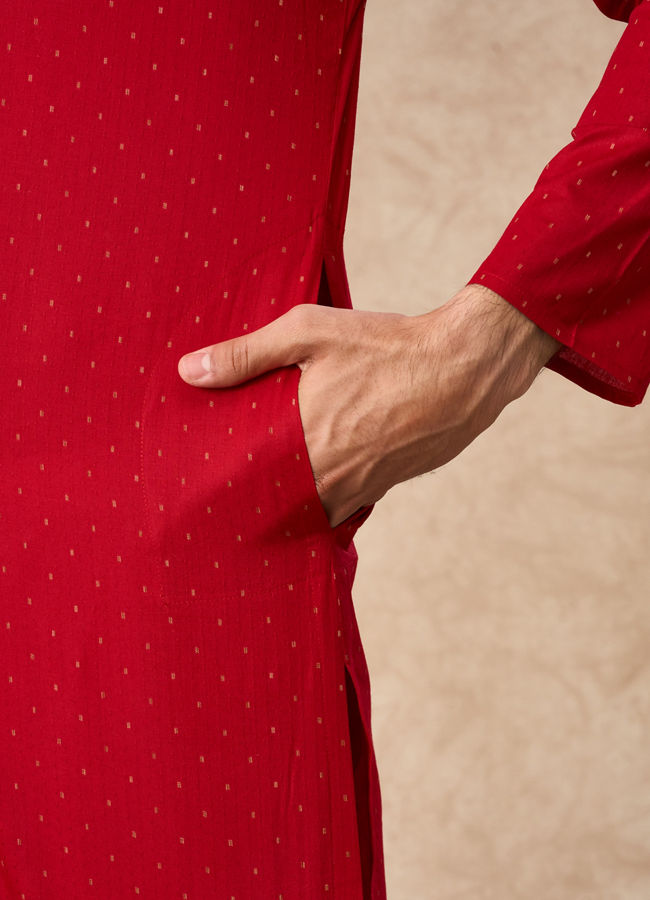 Manyavar Men Red Cotton Kurta Pajama with Basic Design