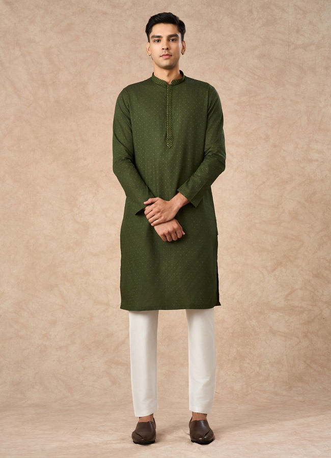 Manyavar Men Olive Green Cotton Kurta Pajama