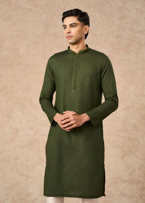 Manyavar Men Olive Green Cotton Kurta Pajama