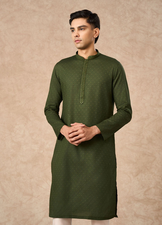 Manyavar Men Olive Green Cotton Kurta Pajama