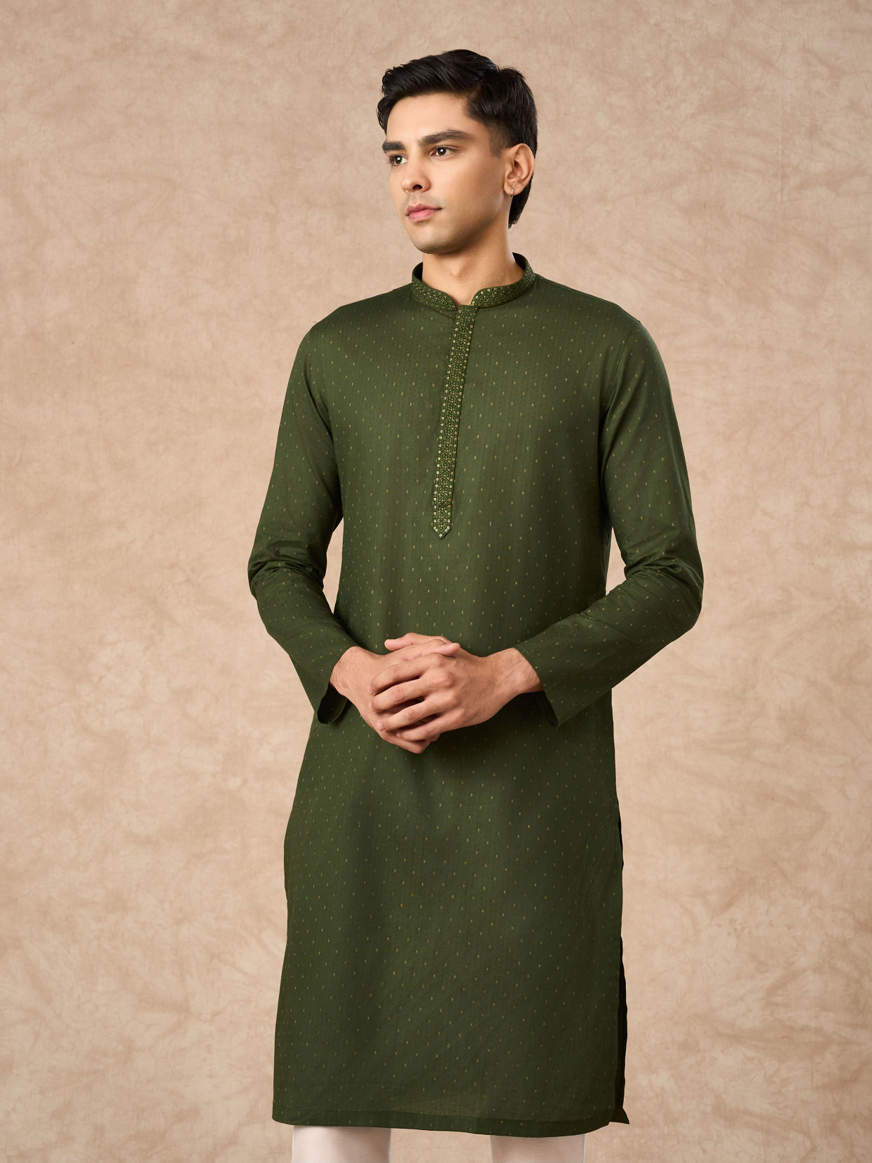 Manyavar Men Olive Green Cotton Kurta Pajama