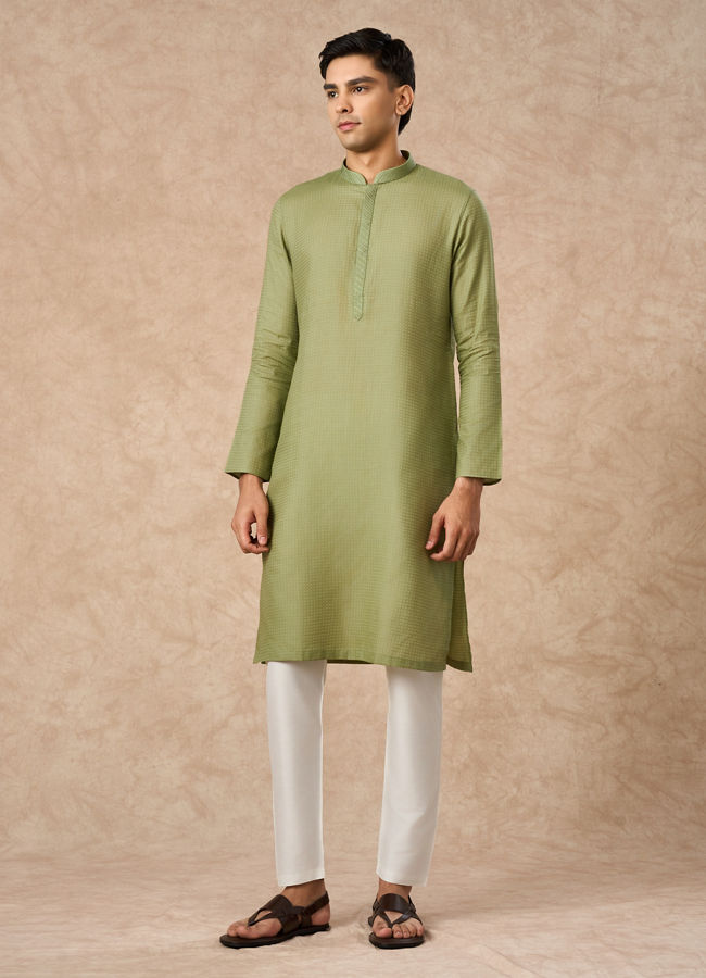 Manyavar Men Light Mid Green Cotton Kurta Pajama