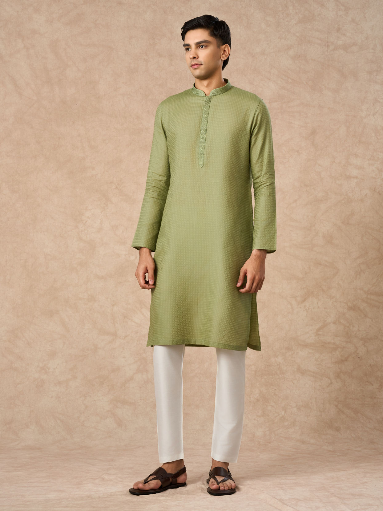 Manyavar Men Light Mid Green Cotton Kurta Pajama