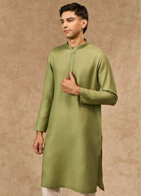Manyavar Men Light Mid Green Cotton Kurta Pajama