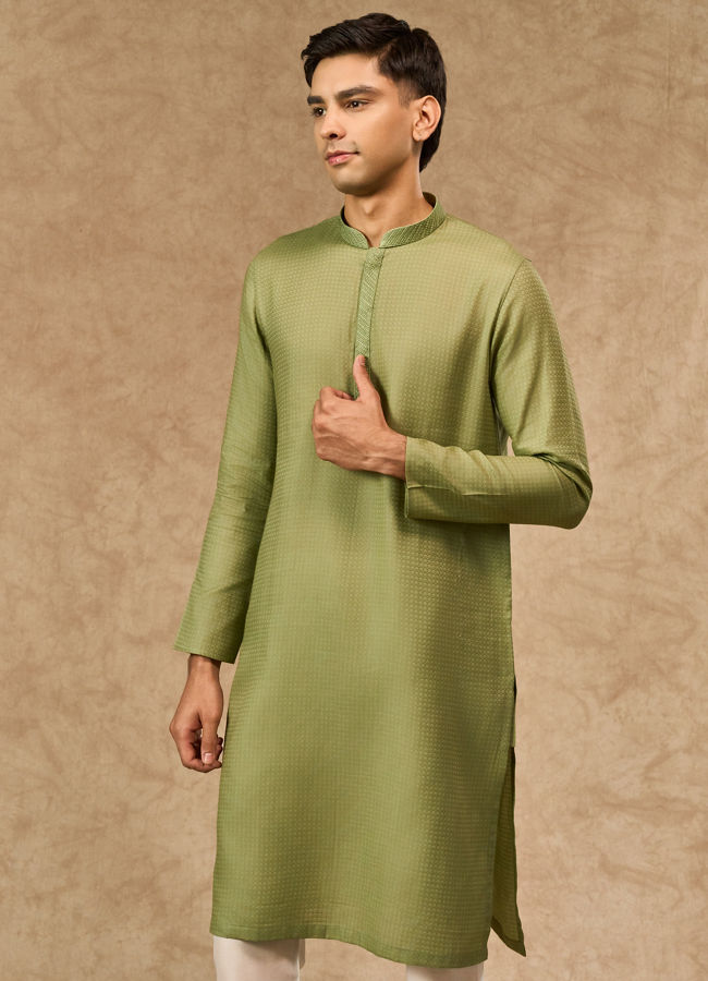 Manyavar Men Light Mid Green Cotton Kurta Pajama