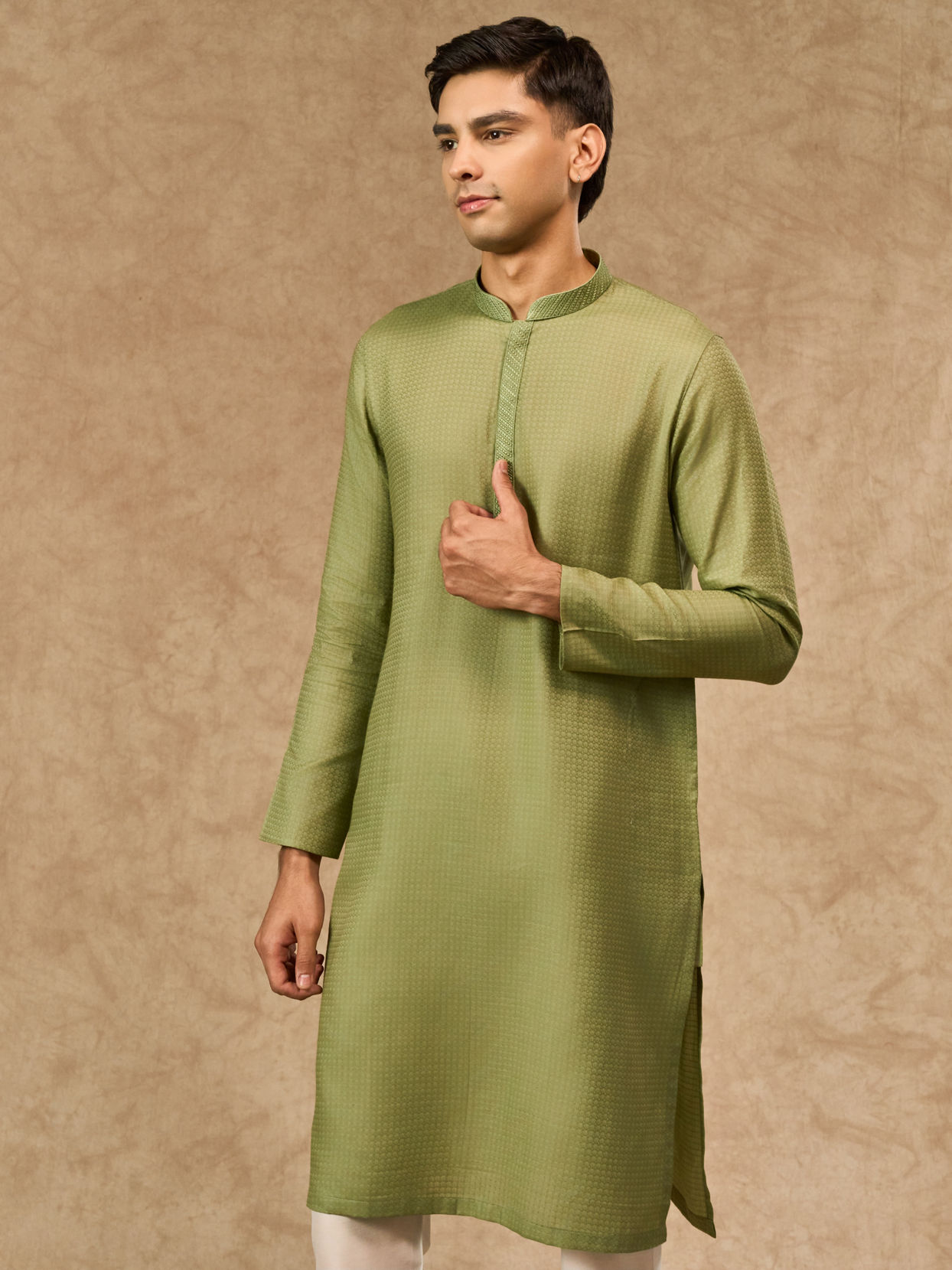 Manyavar Men Light Mid Green Cotton Kurta Pajama