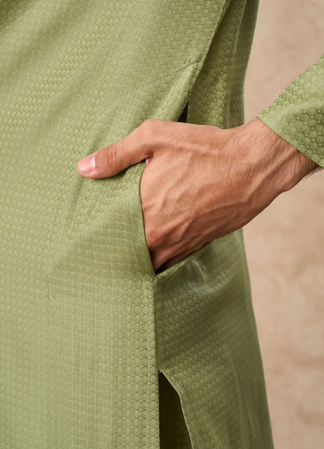 Manyavar Men Light Mid Green Cotton Kurta Pajama
