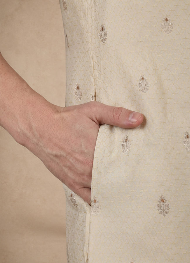 Manyavar Men Beige Brocade Kurta Pajama Set