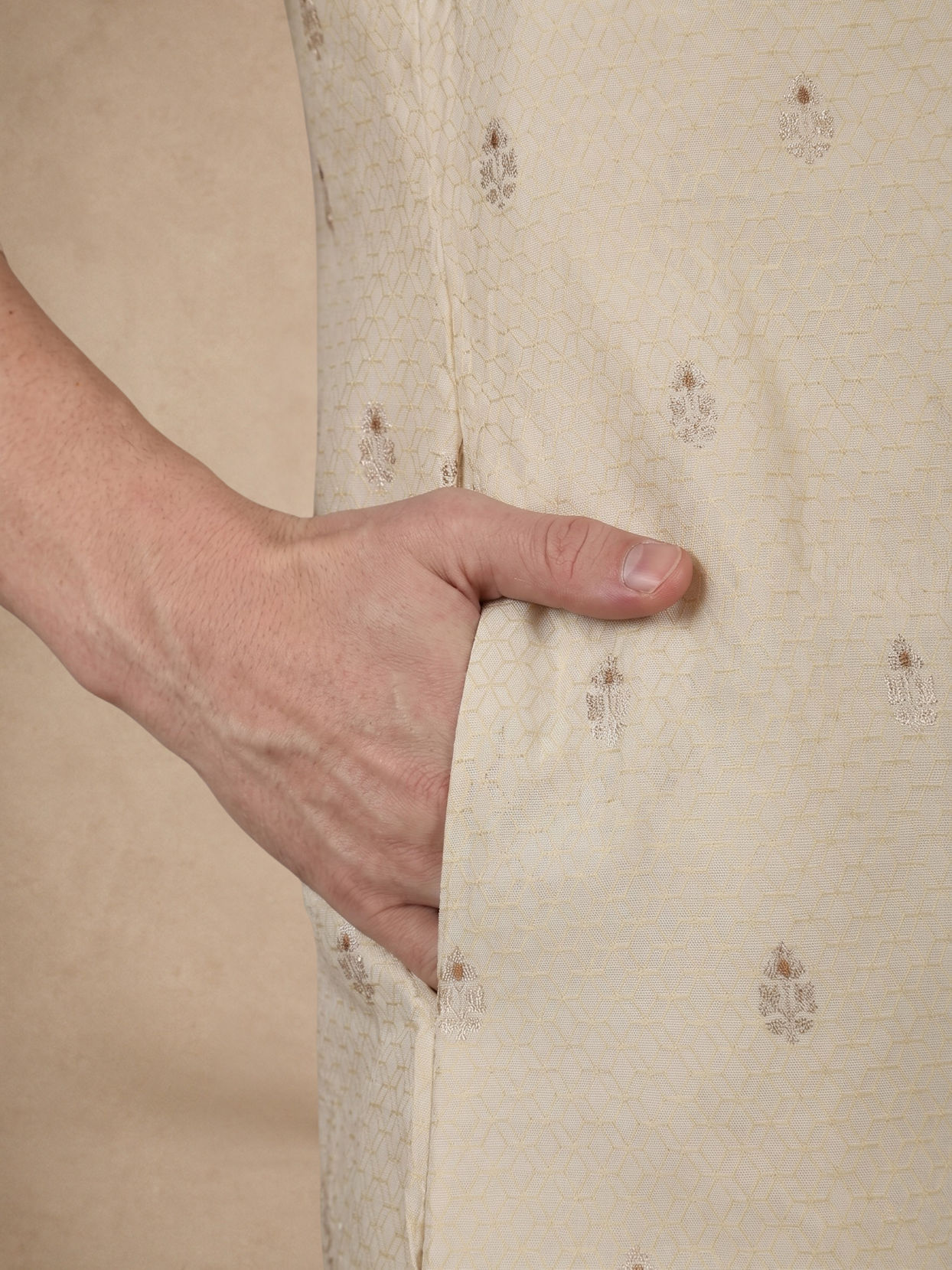 Manyavar Men Beige Brocade Kurta Pajama Set