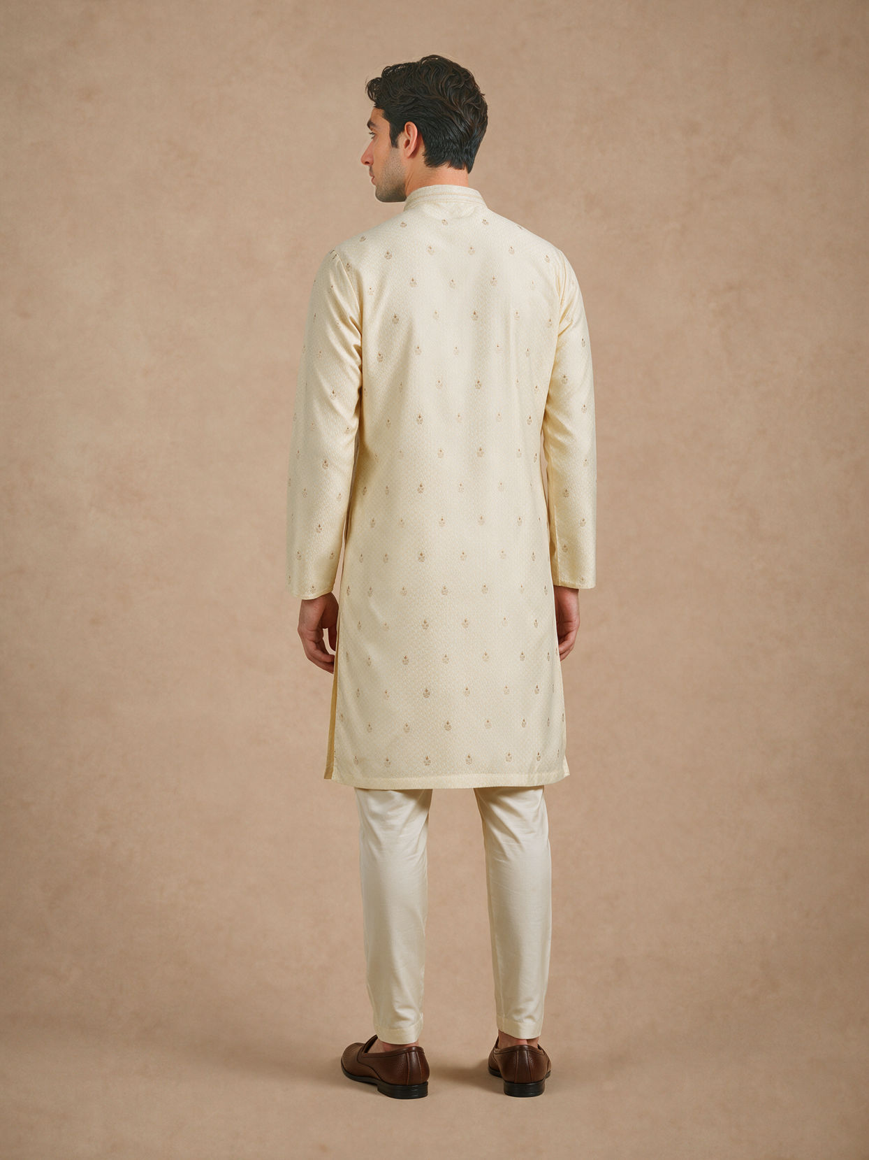 Manyavar Men Beige Brocade Kurta Pajama Set