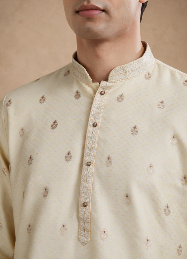 Manyavar Men Beige Brocade Kurta Pajama Set