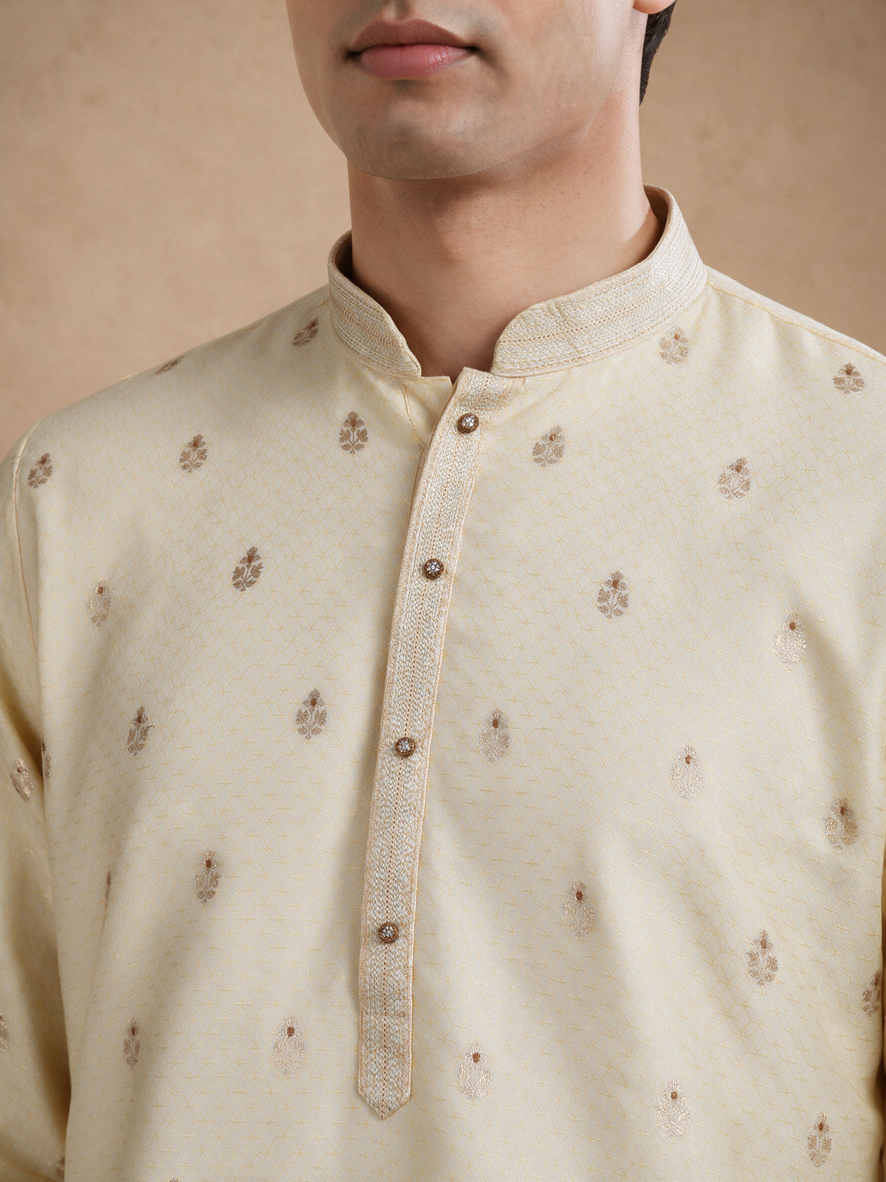 Manyavar Men Beige Brocade Kurta Pajama Set