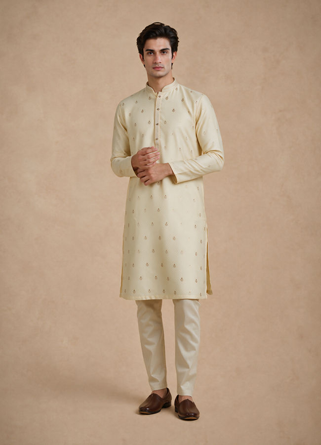 Manyavar Men Beige Brocade Kurta Pajama Set