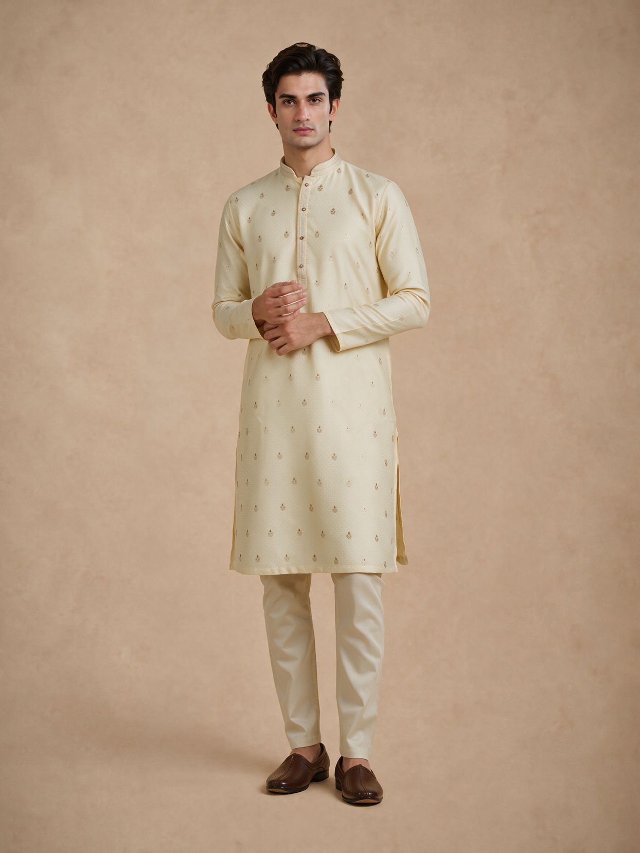 Manyavar Men Beige Brocade Kurta Pajama Set