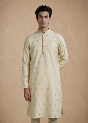 Manyavar Men Beige Brocade Kurta Pajama Set