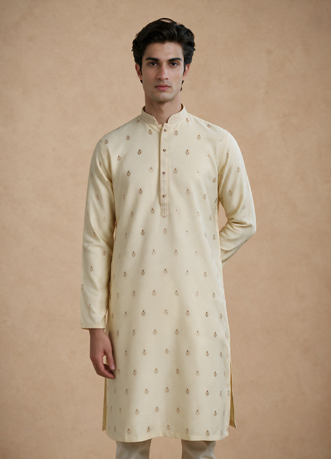 Manyavar Men Beige Brocade Kurta Pajama Set