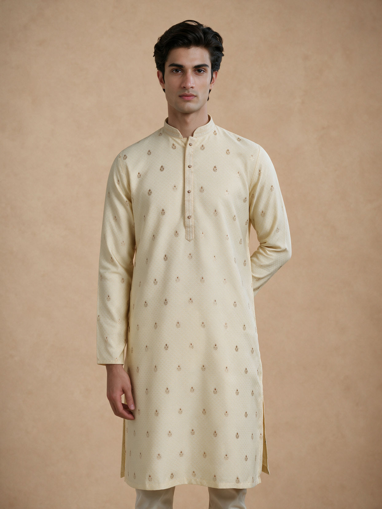 Manyavar Men Beige Brocade Kurta Pajama Set
