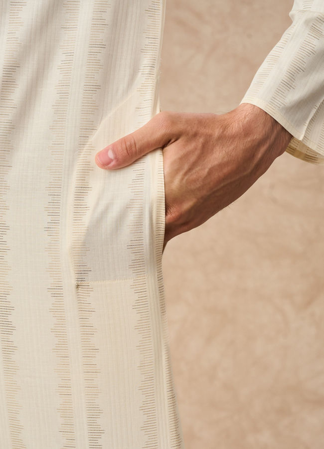 Manyavar Men Cream Cotton Kurta Pajama with Basic Design