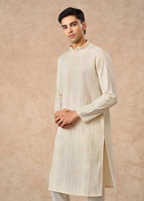 Manyavar Men Cream Cotton Kurta Pajama with Basic Design