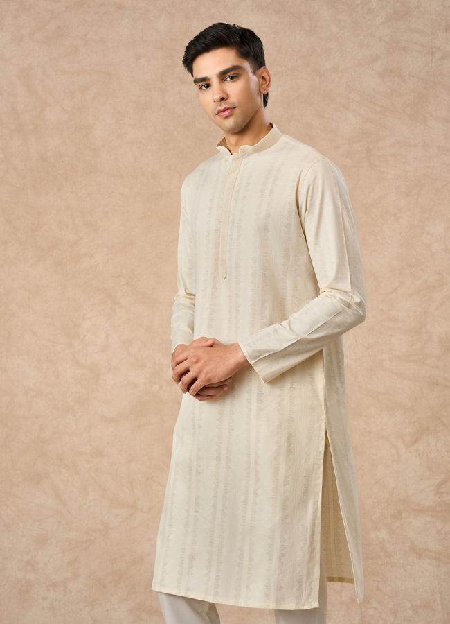 Manyavar Men Cream Cotton Kurta Pajama with Basic Design