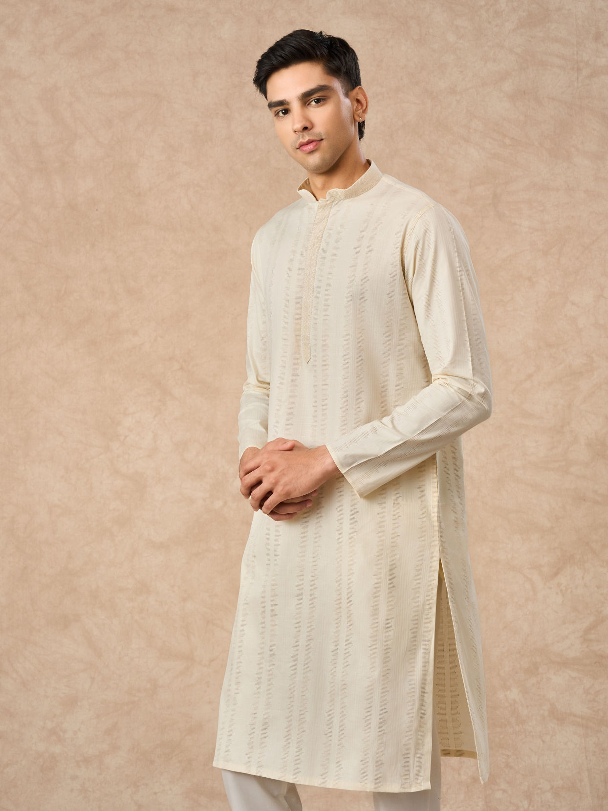 Manyavar Men Cream Cotton Kurta Pajama with Basic Design
