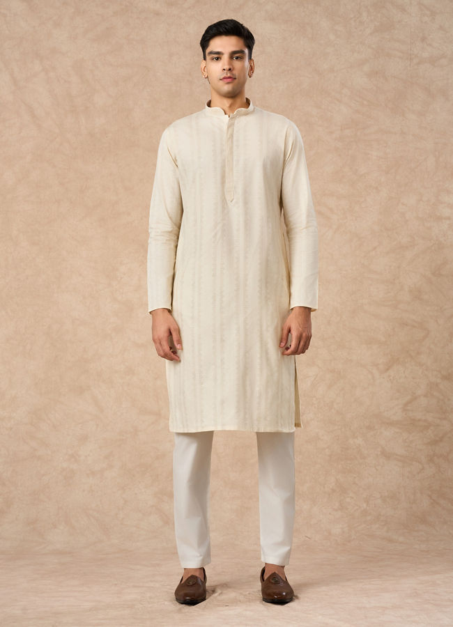Manyavar Men Cream Cotton Kurta Pajama with Basic Design