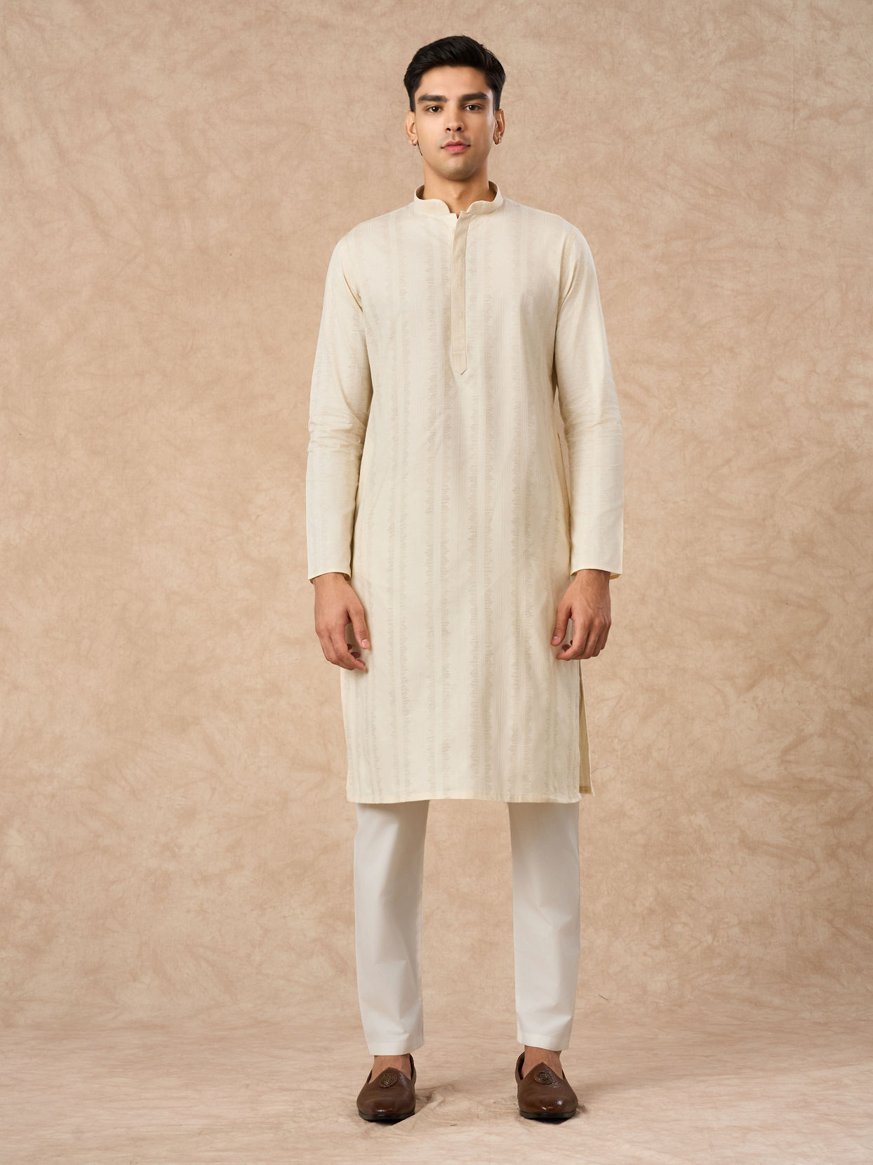 Manyavar Men Cream Cotton Kurta Pajama with Basic Design