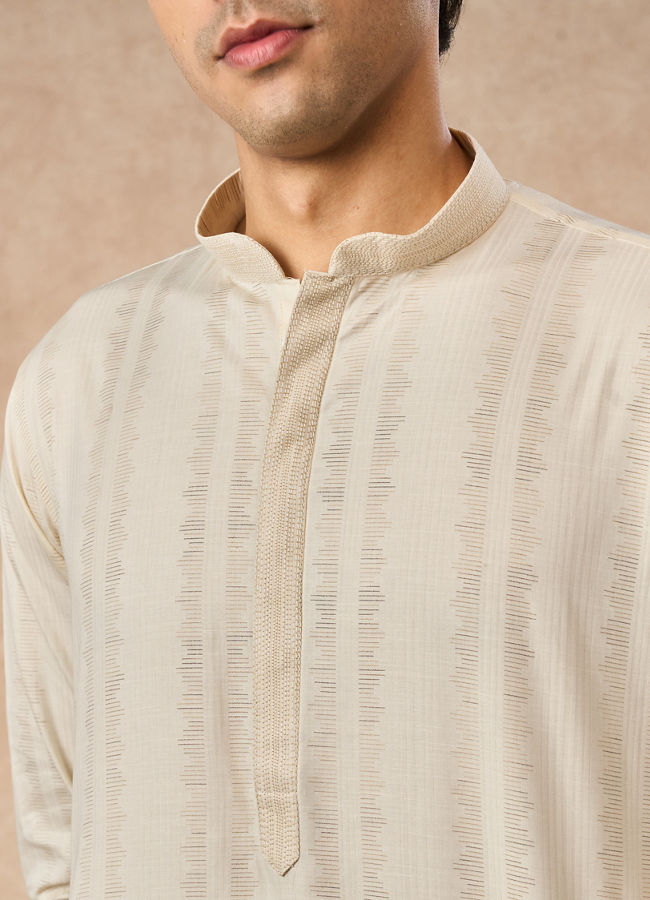 Manyavar Men Cream Cotton Kurta Pajama with Basic Design