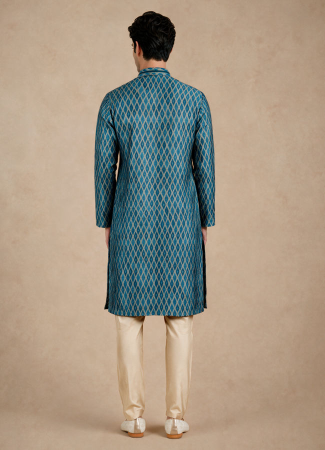 Manyavar Men Teal Blue Silk Kurta Pajama with Print