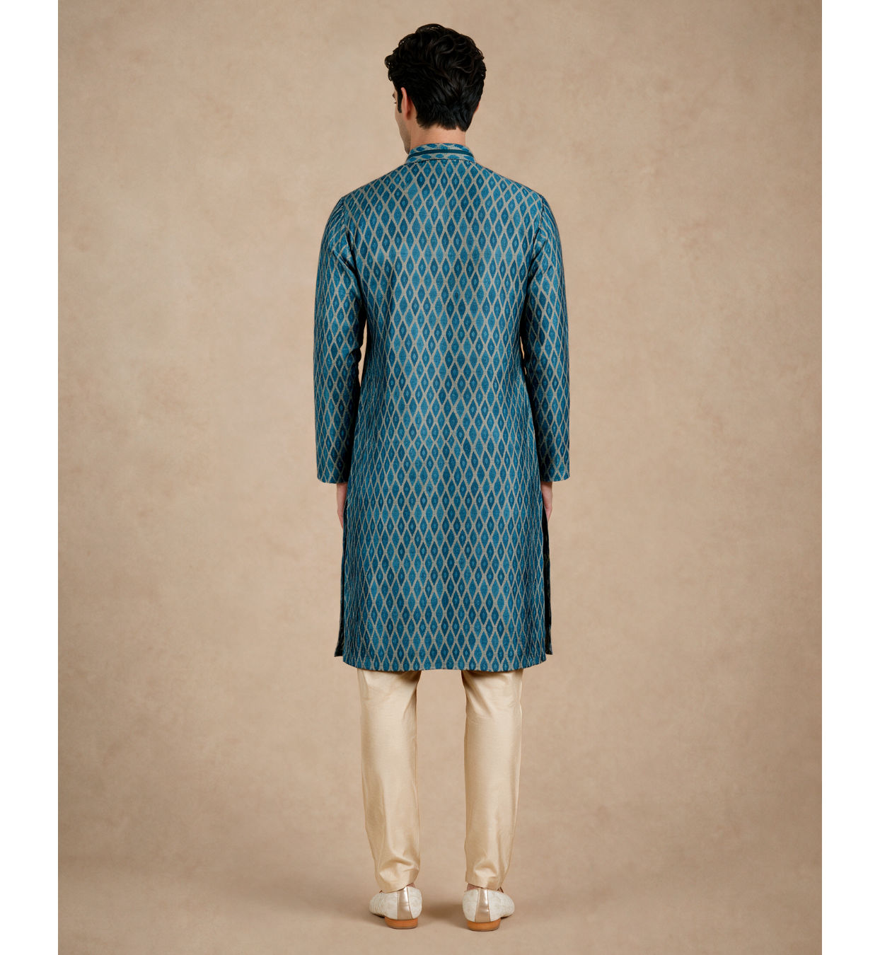 Manyavar Men Teal Blue Silk Kurta Pajama with Print