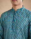 Manyavar Men Teal Blue Silk Kurta Pajama with Print