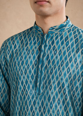 Manyavar Men Teal Blue Silk Kurta Pajama with Print
