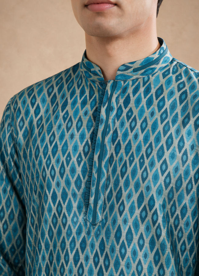 Manyavar Men Teal Blue Silk Kurta Pajama with Print