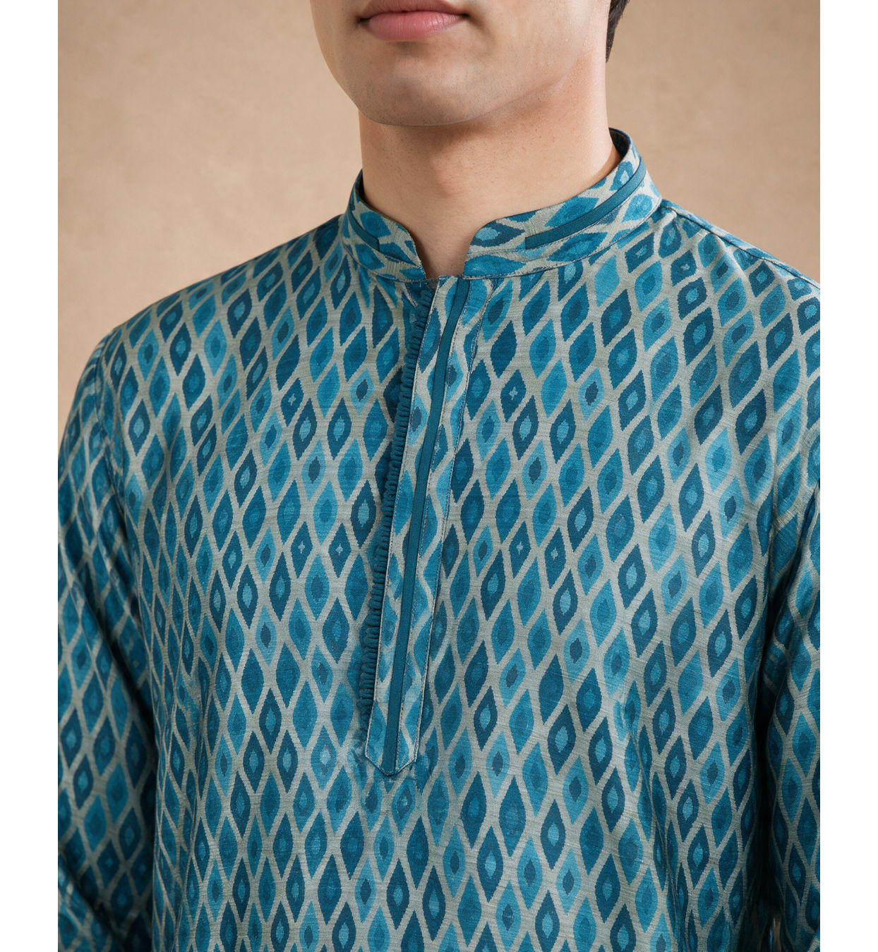 Manyavar Men Teal Blue Silk Kurta Pajama with Print